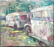 Skoolie living oil painting by Arthur Knebel Hand Signed Colorado Listed Artist