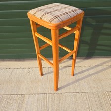Vintage Retro Beech Mid Century Modern Kitchen Stool Seat Upholstered Check Top