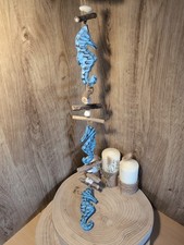 Three Blue Wooden Sea Horse And Driftwood Hanging Mobile 1metre