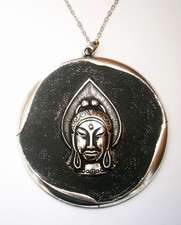 N782) Large Buddha Head Pendant Necklace Round Black Silver Tone 6cm diameter