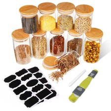 10pcs/set Kitchen Spice Jars Storage Bottle Glass Airtight Container Bamboo Lid