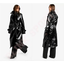 Women Black Shiny PVC Hooded