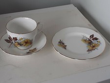 VINTAGE DUCHESS BONE CHINA TEA SET YELLOW FLOWERS BROWN LEAVES THREE PIECE SET