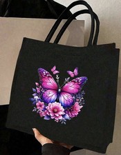Black Linen Tote Bag with Pink