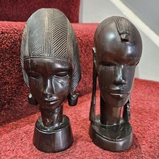 Pair 2 Vintage Carved Wooden Ebony Busts Heads - African Girl - 20 High -WB3
