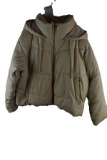 Zara Womans Faux Leather Cropped Hooded Beige Padded Puffer Jacket Size XL