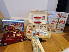 Sylvanian Families Caravan And Family Saloon Car With Original Boxs