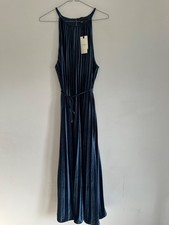 TED BAKER DRESS NEW 10 12 14 Navy Pleated Midi Long Velour Velvet belt teal blue