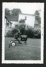 Boy Riding Murray Trac Pedal Car Toy Tractor Suburban Yard Photo 1950s Family
