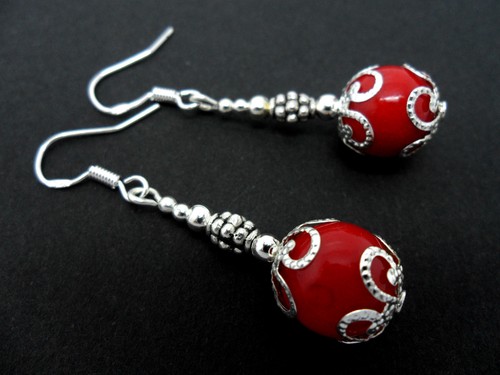 Pair dangly red coral - dangly,