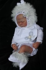 hand knitted romani baby /reborn set hat booties bib, white fur birth to 6m