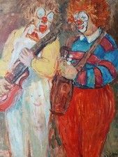 Partica Arnett 'send in the Clowns ' oil on board 