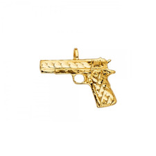 14K Solid Yellow Gold Pistol Gun Pendant - Handgun Firearm Necklace Charm Men