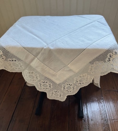 Vintage white linen tablecloth - vintage,