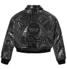 Avirex Black Croc Embossed USA Icon Women’s Cropped Leather Bomber Jacket