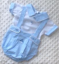 Baby Boys Blue White 2 Piece Outfit Short Dungarees & Top Sail Boat Design NB-6M