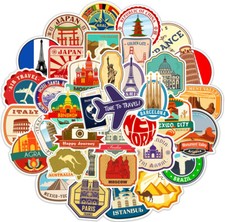50 Luggage Suitcase Retro Vinyl Stickers Vintage City Names World Travel UK NEW