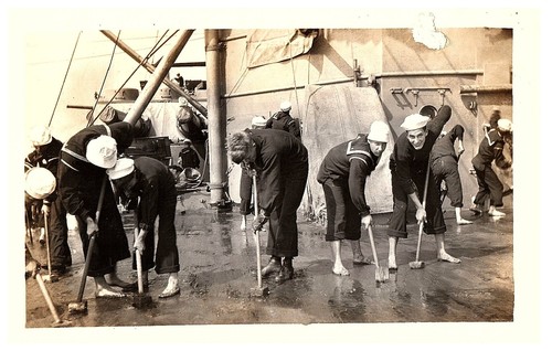 Sailors scrubbing ship deck - sailors,