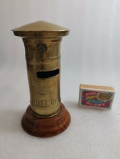 Vnt BRASS POST BOX MONEY BOX on Wooden Base  13 cm tall ID4522 B64