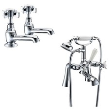 Traditional Chrome Basin Taps Pair & Bath Shower Mixer Tap Straight Legs *W
