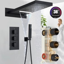 Thermostatic Concealed Bathroom Shower Set Rain Waterfall Head Mixer Tap Black