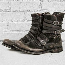Mens Punk Boots Zip Buckle Strap Ankle Boots Outdoor Military Combat Biker Boots