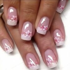 24pcs Glittery Pink & White Rose Design French Tip Press Push On Stick On Nails