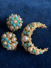 faux turquoise and pearl brooch and earrings set clip on crescent moon