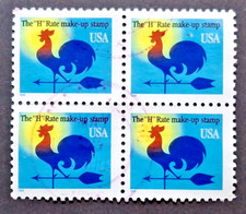 USA: 1998 Rooster Weathervane; fine used block of 4 (black imprint date)