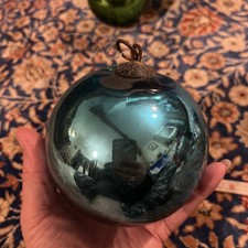 Rare Antique 19th c Turquoise Mirror Glass Witch Ball Kugel 4” Brass Crown Hoop