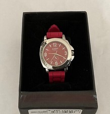 Ladies Silver Tone Cotton Traders Watch With Plum Red Silicone Strap - Working