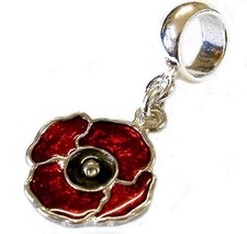 STERLING SILVER ENAMELLED POPPY DANGLE BEAD CHARM 
