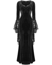 Punk Rave Daily Life Womens Long Gothic Velvet Lace Applique Maxi Dress Black