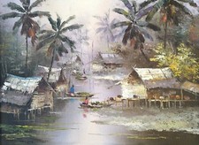 Framed Original Thai Oil On Board Painting Thailand River Boats Signed Seksan
