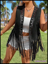 Plus Size Fringe Hem Sleeveless Patchwork Vest BACK IN STOCK