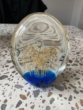 Egg Shaped Paper Weight Gold Flakes Control Bubbles Blue  