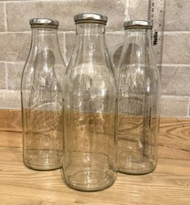 1000ml Glass Milk Bottles 1Litre - Silver Lids - Set of 3 - Used