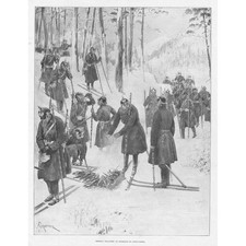 German Infantry Soldiers at Exercise on Snow Shoes - Antique Print 1897