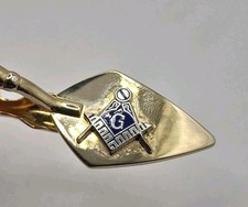 Vintage Gold Plated Blue Enamel Masonic Trowel Tie Bar Clip - Freemasons Mason
