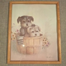 Ruane Manning ~ Signed Vintage puppy dogs Print ~ Framed 11 ins x 9 ins