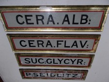 FOUR ANTIQUE PHARMACY( CHEMIST) DRAWER LABELS~GLASS~BACKPAINTED AND GILDED