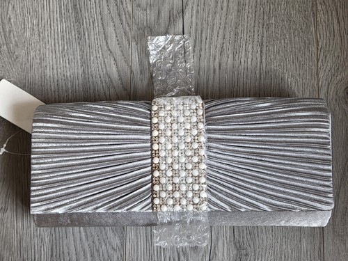 Grey silver satin clutch - grey/silver,