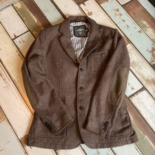 H & M Logg Riding Blazer L Wool Blend Tweed Plaid Jacket Elbow Patches