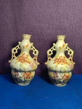 Pair Antique RW Rudolstadt Porcelain Hand Painted Floral Handled Vases