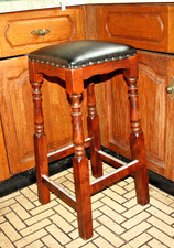 Retro Wooden Kitchen / Bar Stool Black Vinyl Padded Seat Utility Height 73cm 28"