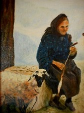 Lynn Lussier Painting Sheep Old Woman Distaff Spindle Orig from photo Leon Kofod