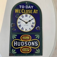 Original Hudsons Soap Clock Enamel Advertising Sign C. 1894 Registered Genuine