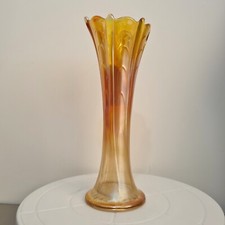 Carnival Glass Vase Irridesent Marigold 26.5cm Tall Dugan Pulled Loop Swag 30s