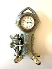 Antique Art Nouveau New Haven Iridescent Ormolu Figural Cherub Mantle Clock