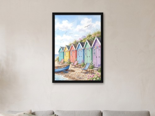 Shingle beach huts - shingle, watercolour